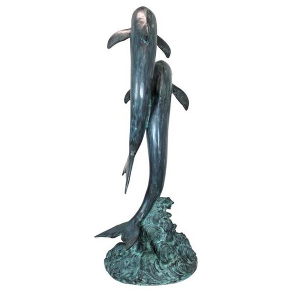 Back View Piped Twin Dolphins in Tandem Bronze Garden Statue